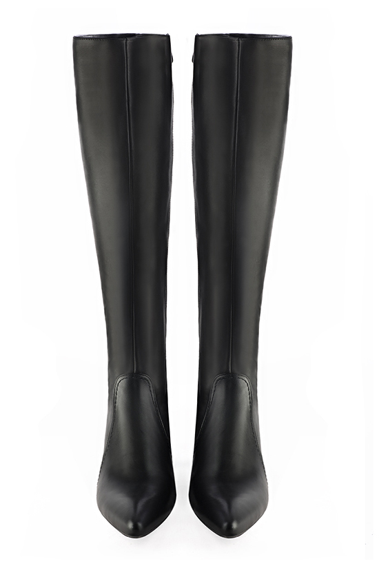 Satin black women's feminine knee-high boots. Tapered toe. High cone heels. Made to measure. Top view - Florence KOOIJMAN